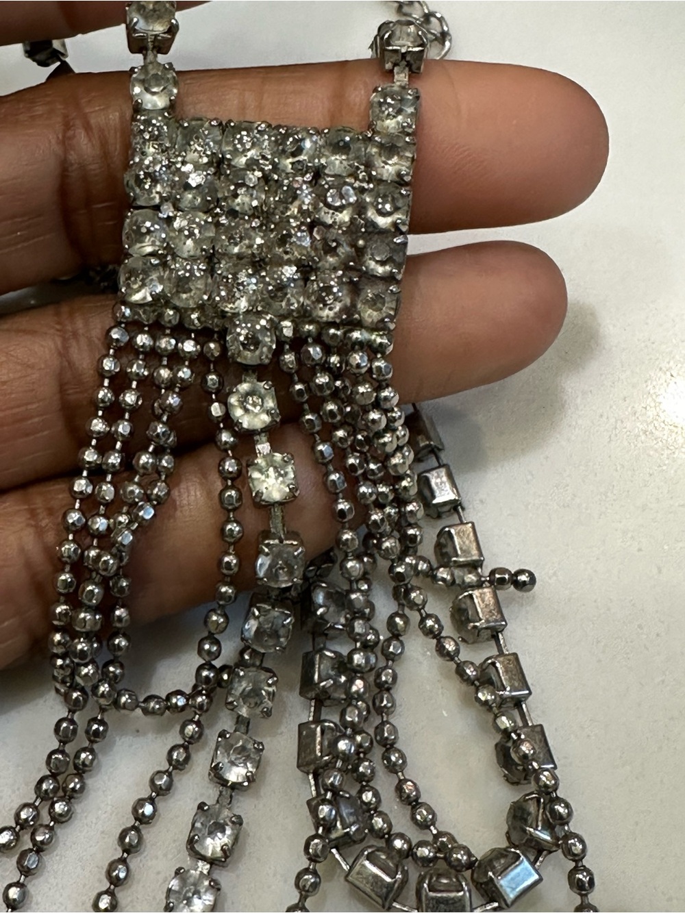 Vintage rhinestone waterfall fringe Pendant Necklace - Silver Sparkle - Picture 5 of 14